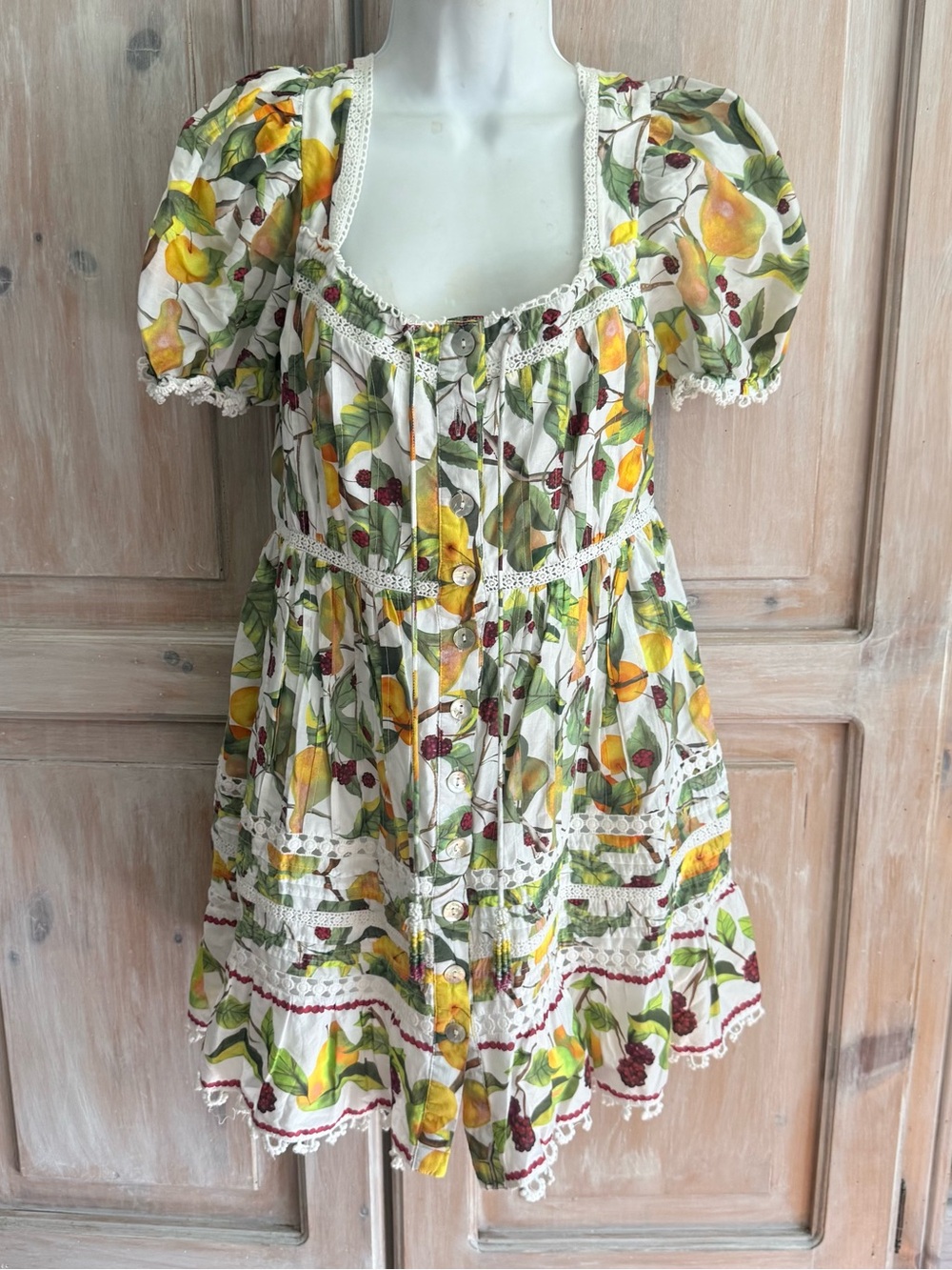 FARM Rio White Lemon-Print Puff-Sleeve Mini Dress Women’s Small - Picture 7 of 12
